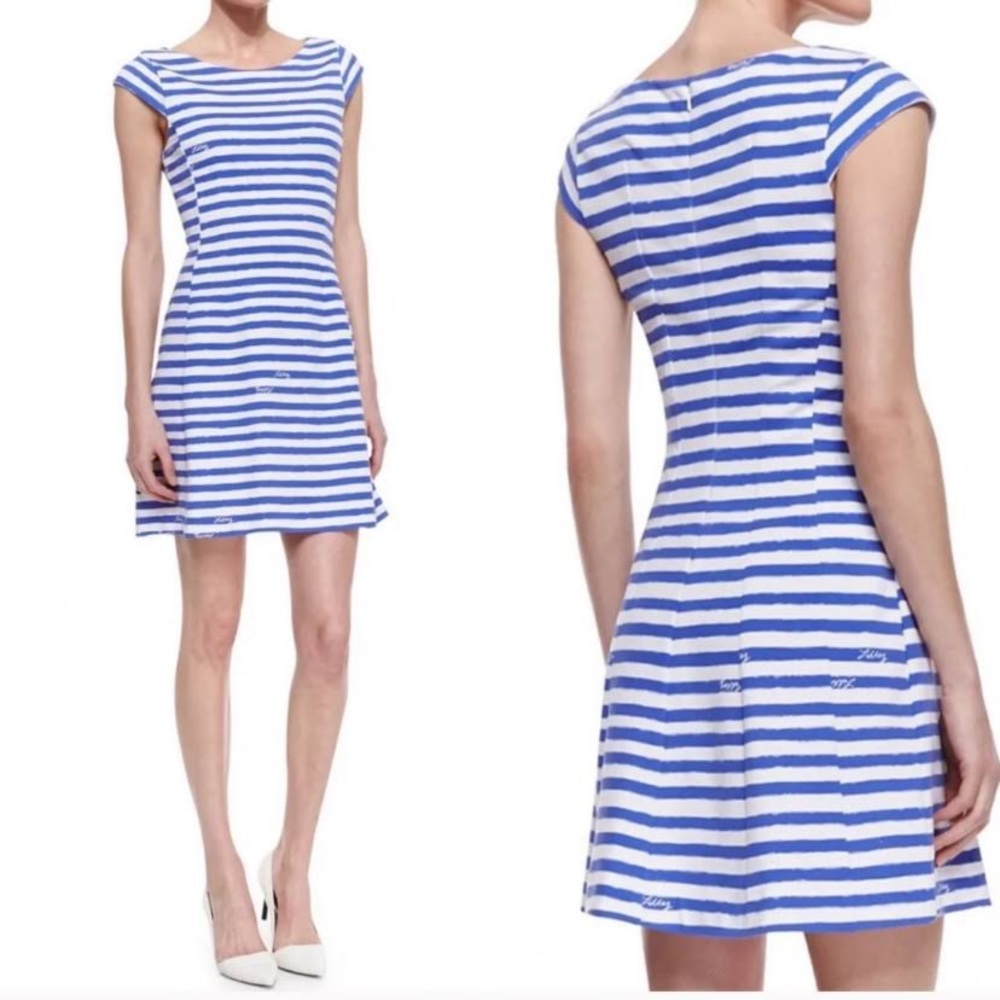 Lilly Pulitzer Brielle fit and flare blue striped dress.